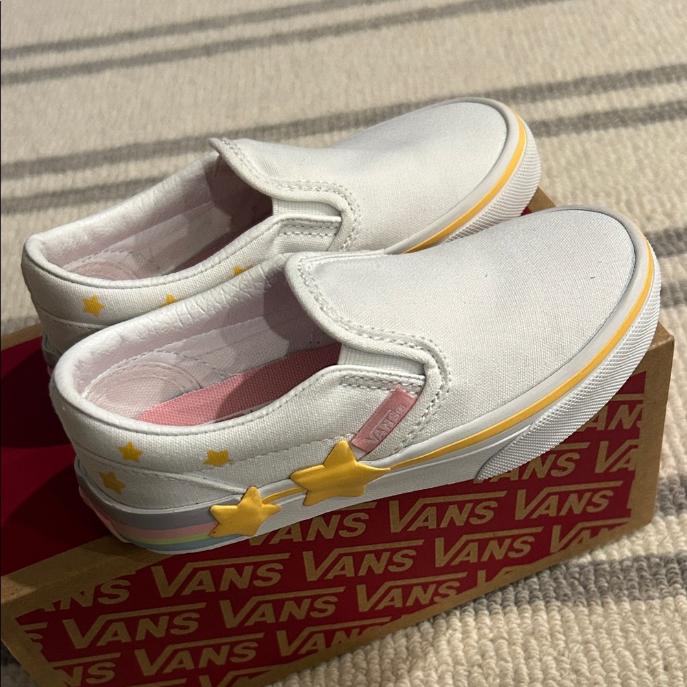 Vans Kids White Slip-On Sneakers with Yellow Stars